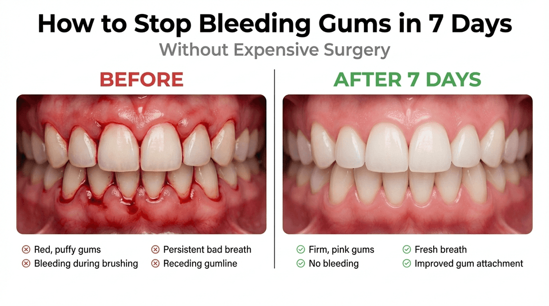 Before and after comparison showing inflamed bleeding gums healing to healthy pink gums within 7 days using water flosser treatment