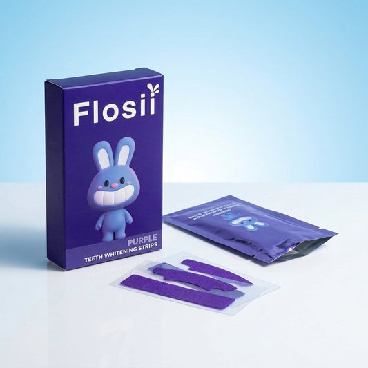 Flosii GlowStrips Purple PAP Teeth Whitening Strips — product box, foil sachet and purple strips on lavender background